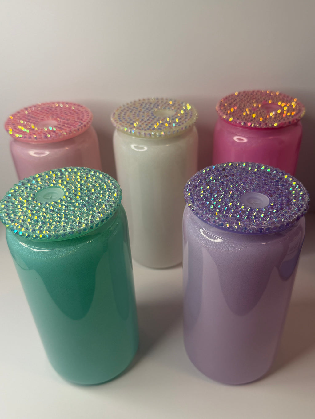 16oz Glass Glitter,Bling Rhinestones Lid Cups w/ Clear Straw