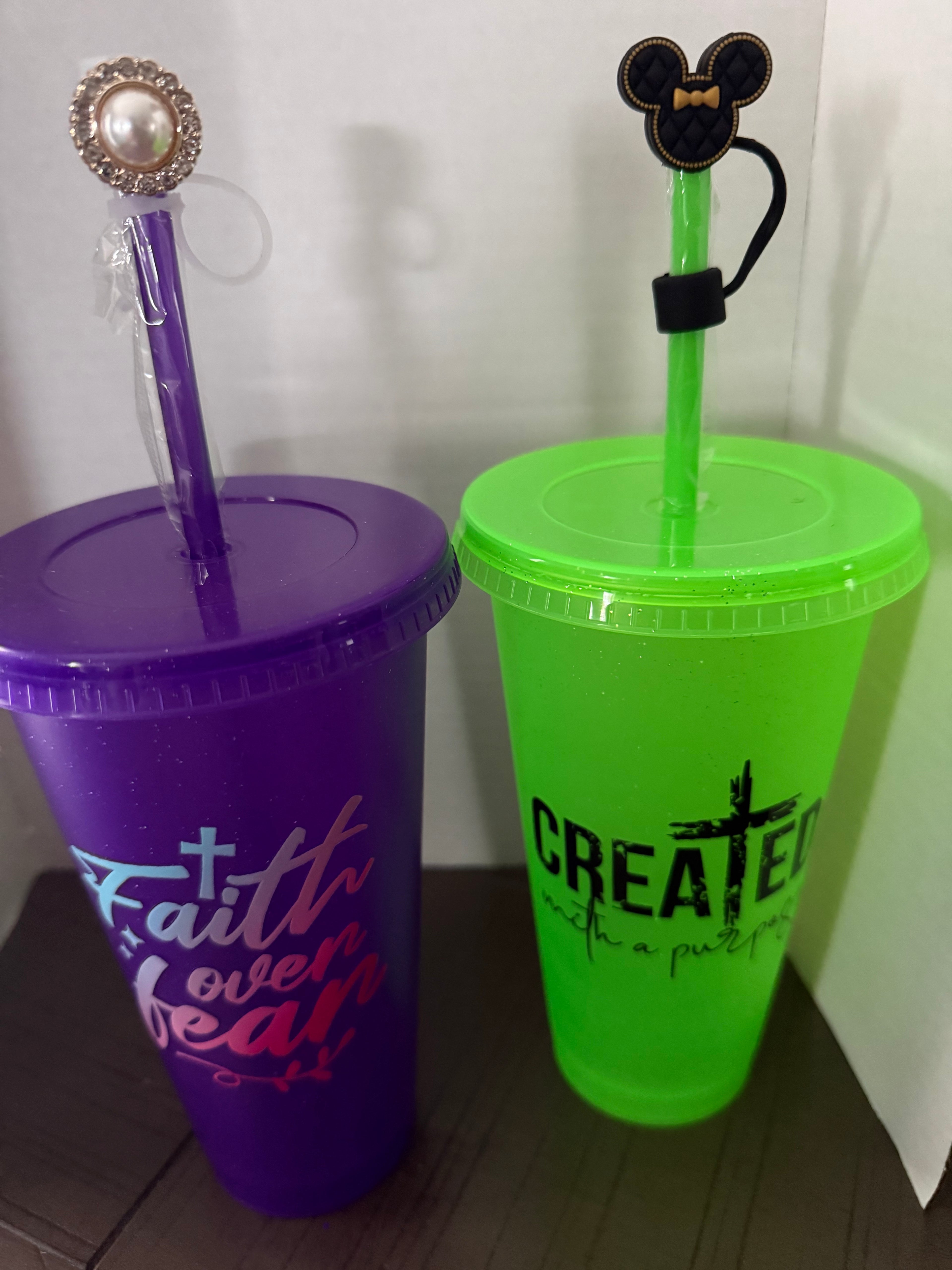 24 oz BPA plastic glitter themed cups with matching straws and straw toppers