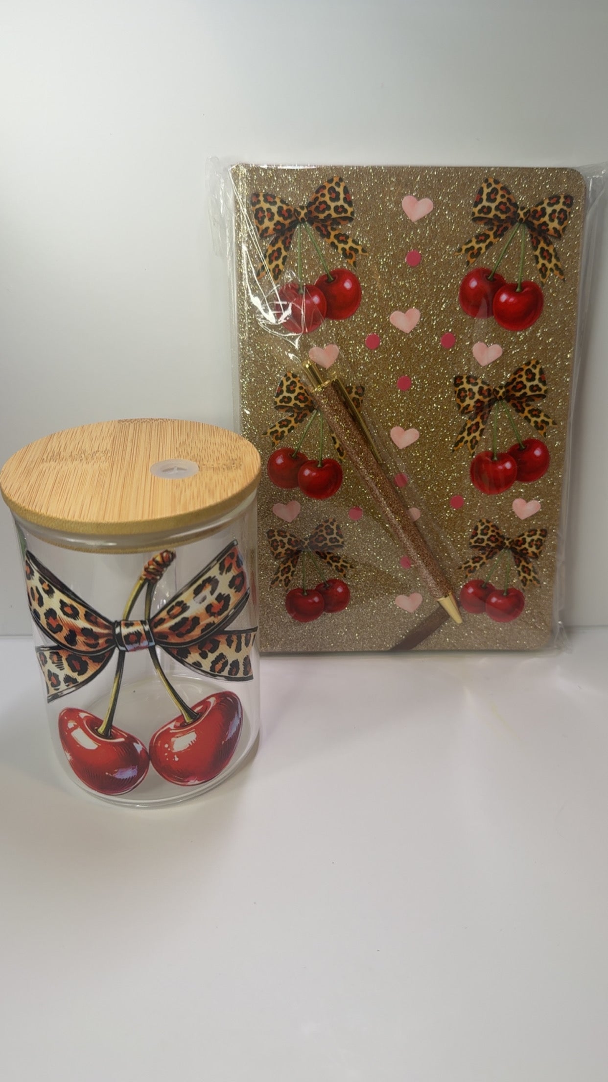 PRE- MADE CHERRY CHEETAH JOURNAL AND GLASS MUG BUNDLE