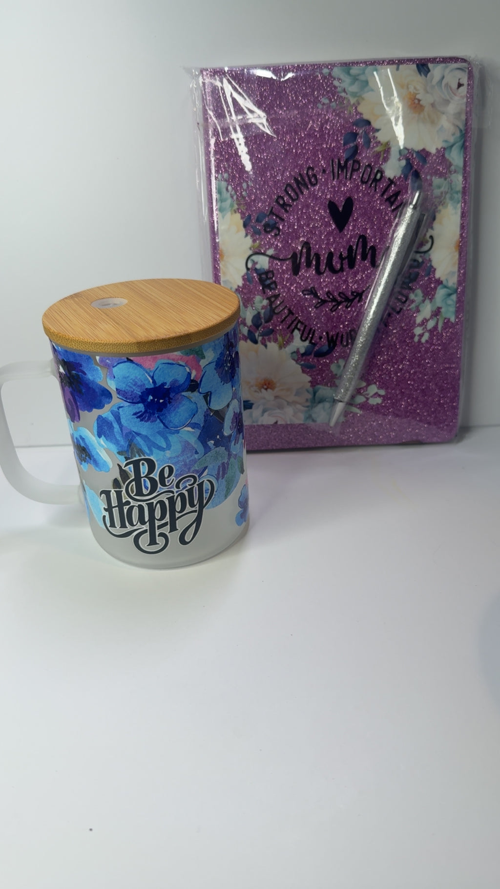 PRE-MADE BE HAPPY GLASS MUG W/ MUM GLITTER JOURNAL