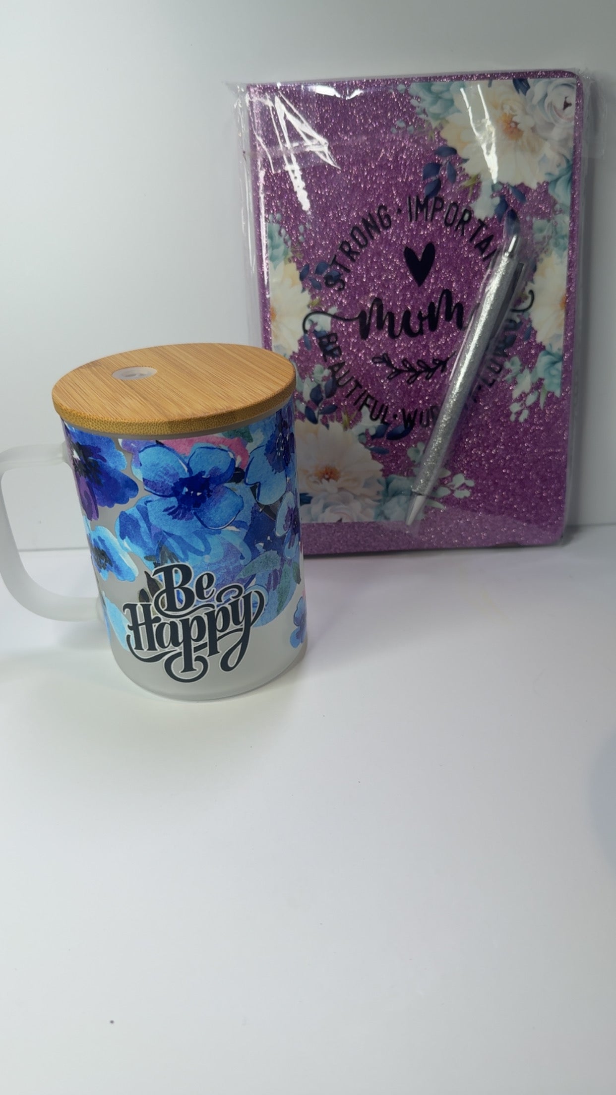 PRE-MADE BE HAPPY GLASS MUG W/ MUM GLITTER JOURNAL