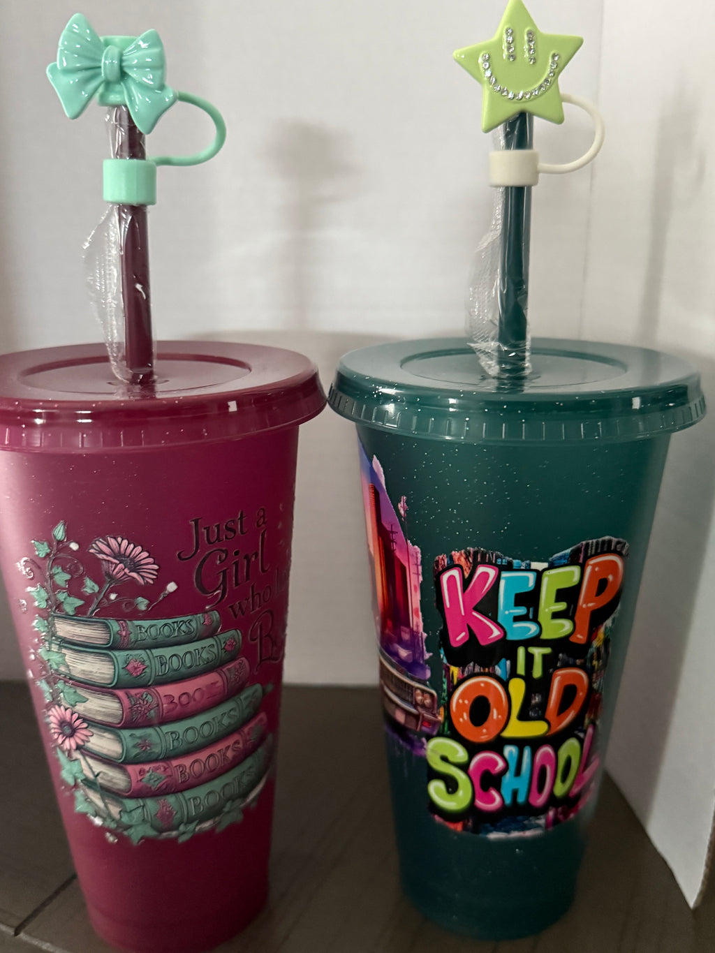 24 oz BPA plastic glitter themed cups with matching straws and straw toppers