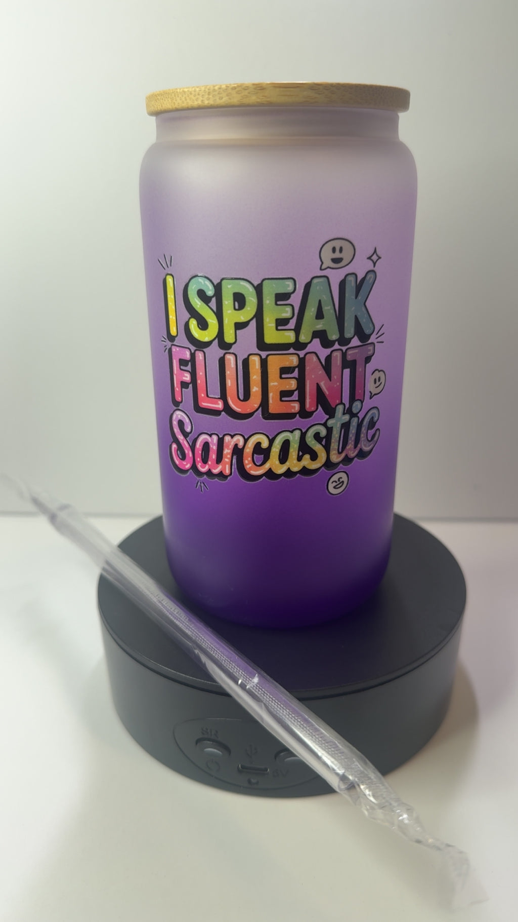 PRE-MADE PURPLE GLASS SARCASTIC CUP/ MATCHING CLEAR STRAW