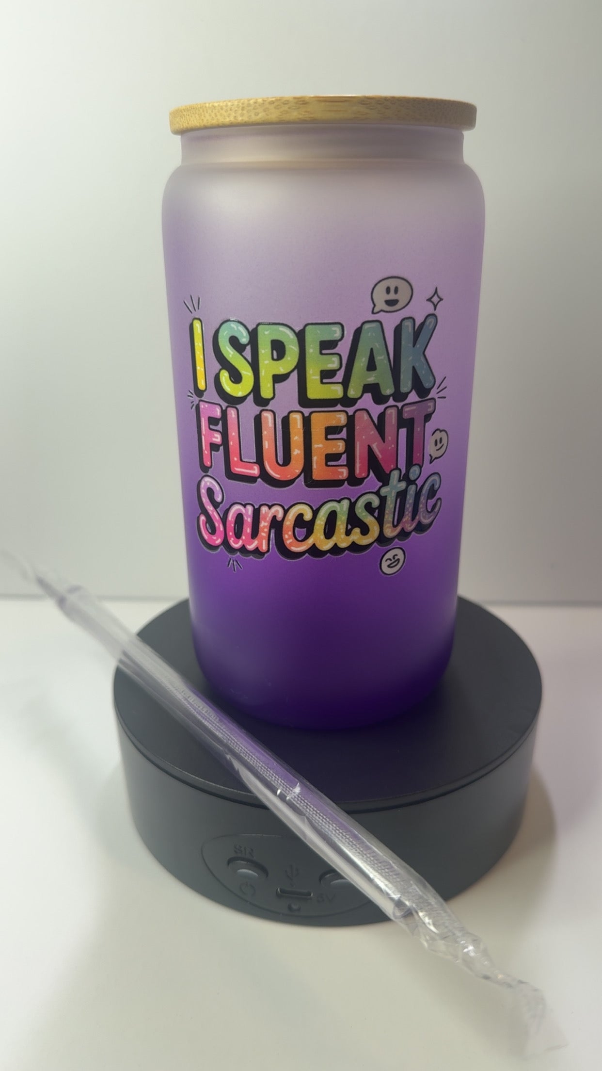 PRE-MADE PURPLE GLASS SARCASTIC CUP/ MATCHING CLEAR STRAW