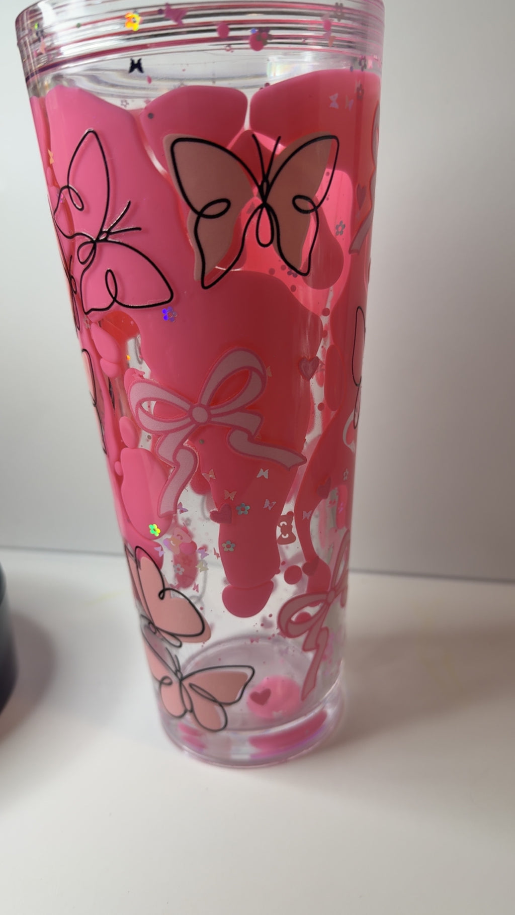 PRE-MADE 24oz Pink Lava butterfly and bows cup W/ clear straw