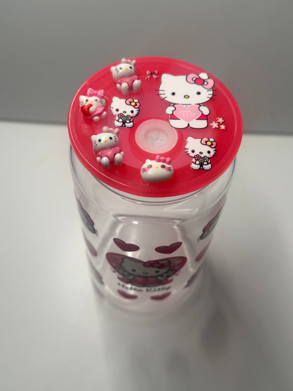 PRE- MADE ACRYLIC HELLO KITTY- NON SNOW GLOBE CUP W/ DECORATIVE LID AND PINK STRAW
