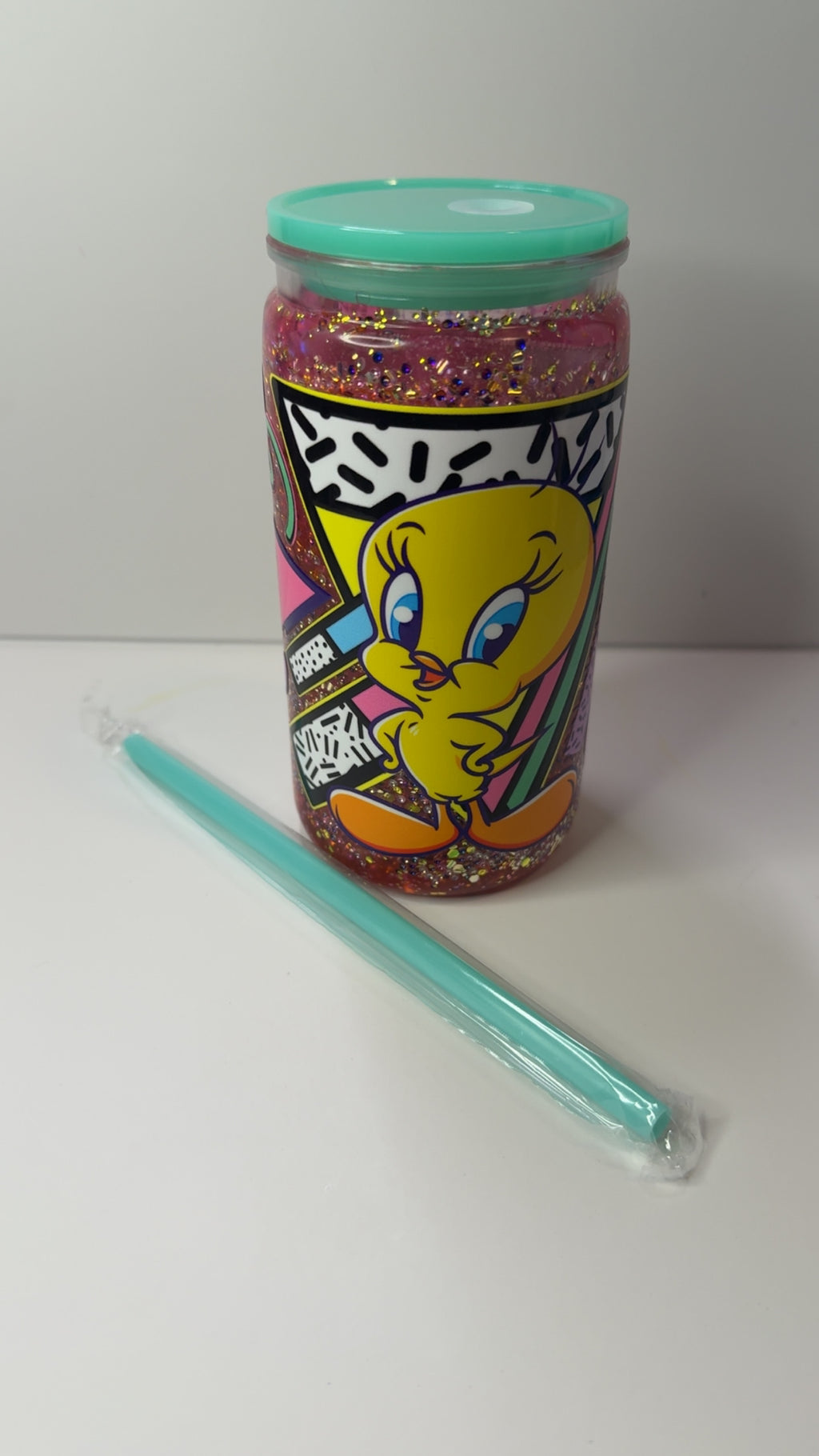 PRE-MADE TWEETY SNOW GLOBE TUMBLER ACRYLIC/ W MATCHING STRAW
