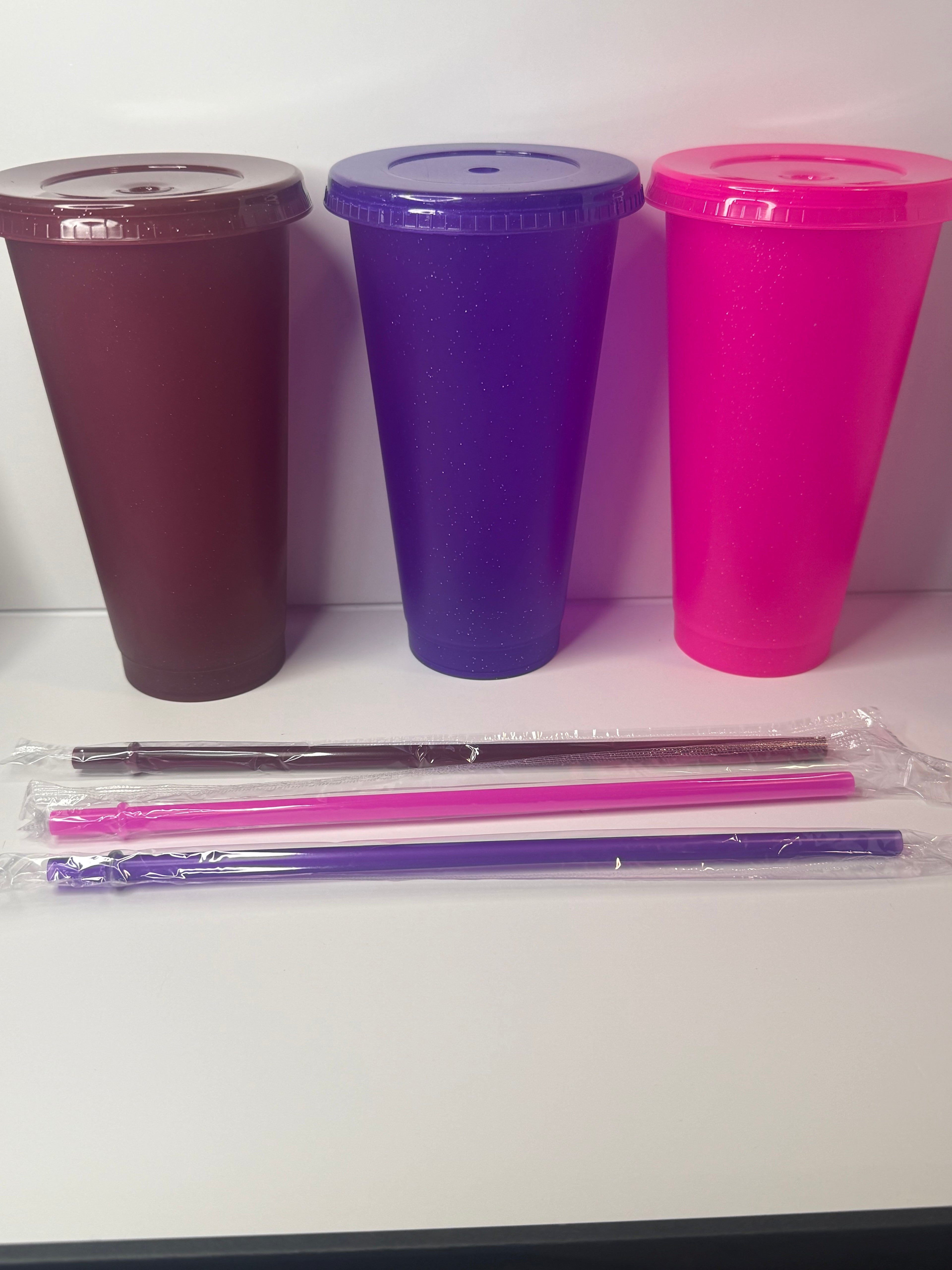 24oz Light Weight, Hard Plastic, Glitter, reusable Cup, W/ Matching Straw and Lid