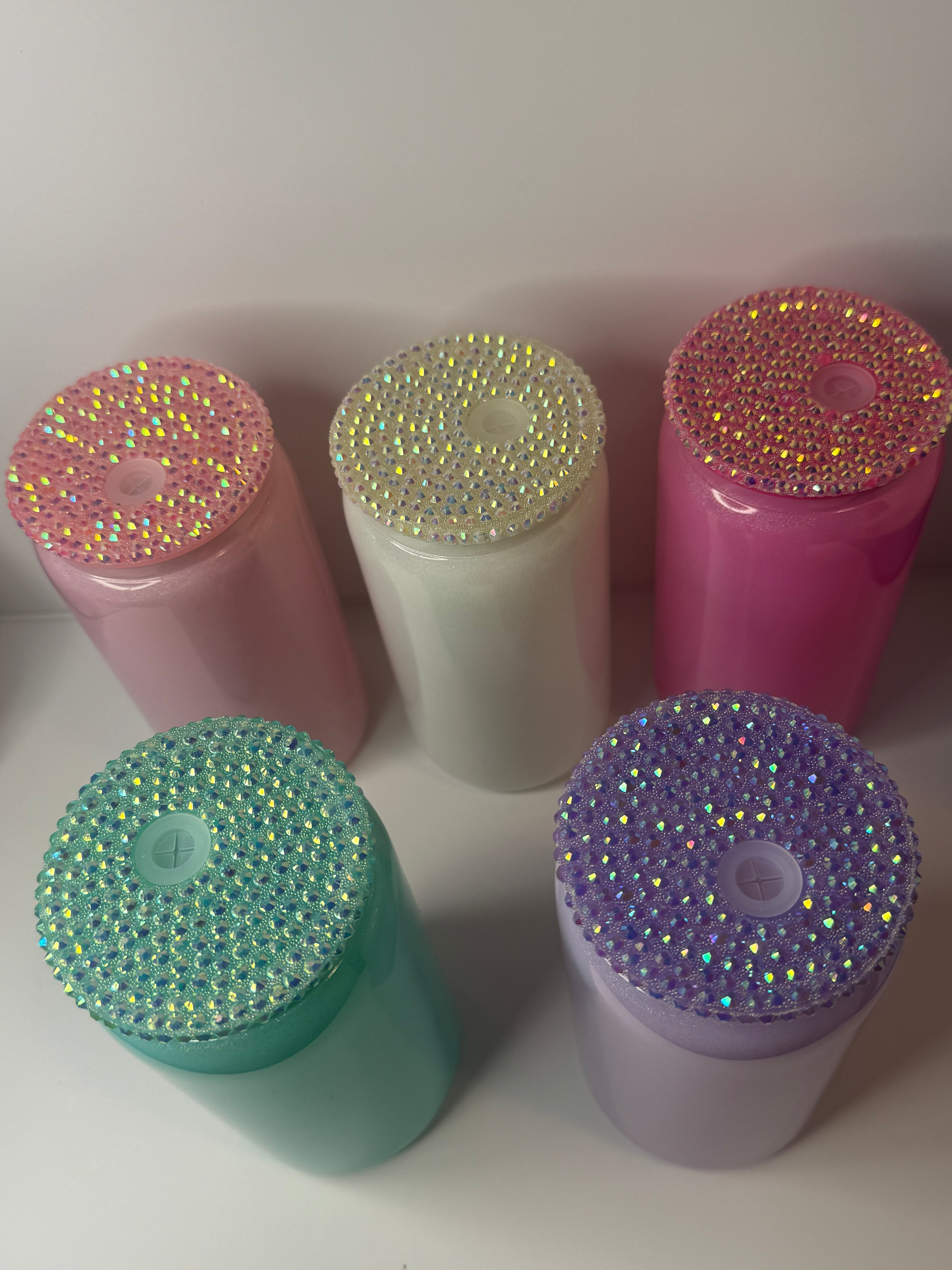 16oz Glass Glitter,Bling Rhinestones Lid Cups w/ Clear Straw
