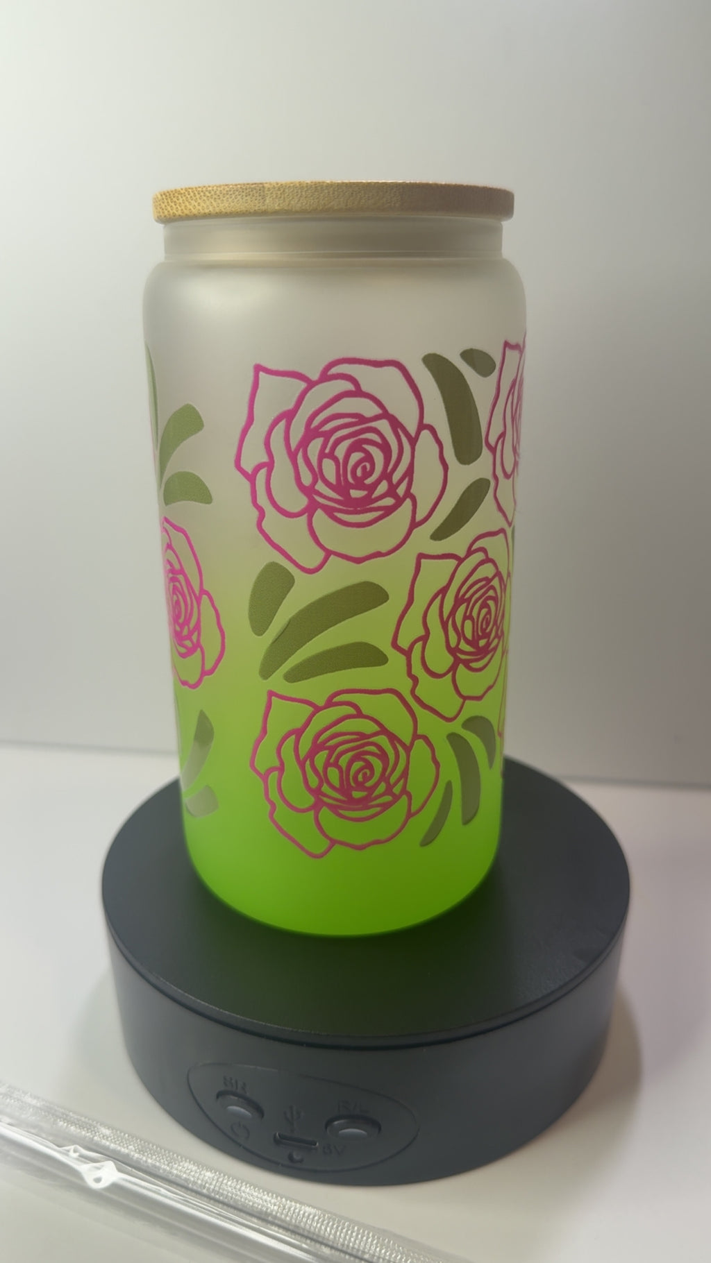 PRE-MADE GLASS LIME GREEN/ PINK LOVE LIKE JESUS CUP W/ MATCHING CLEAR STRAW