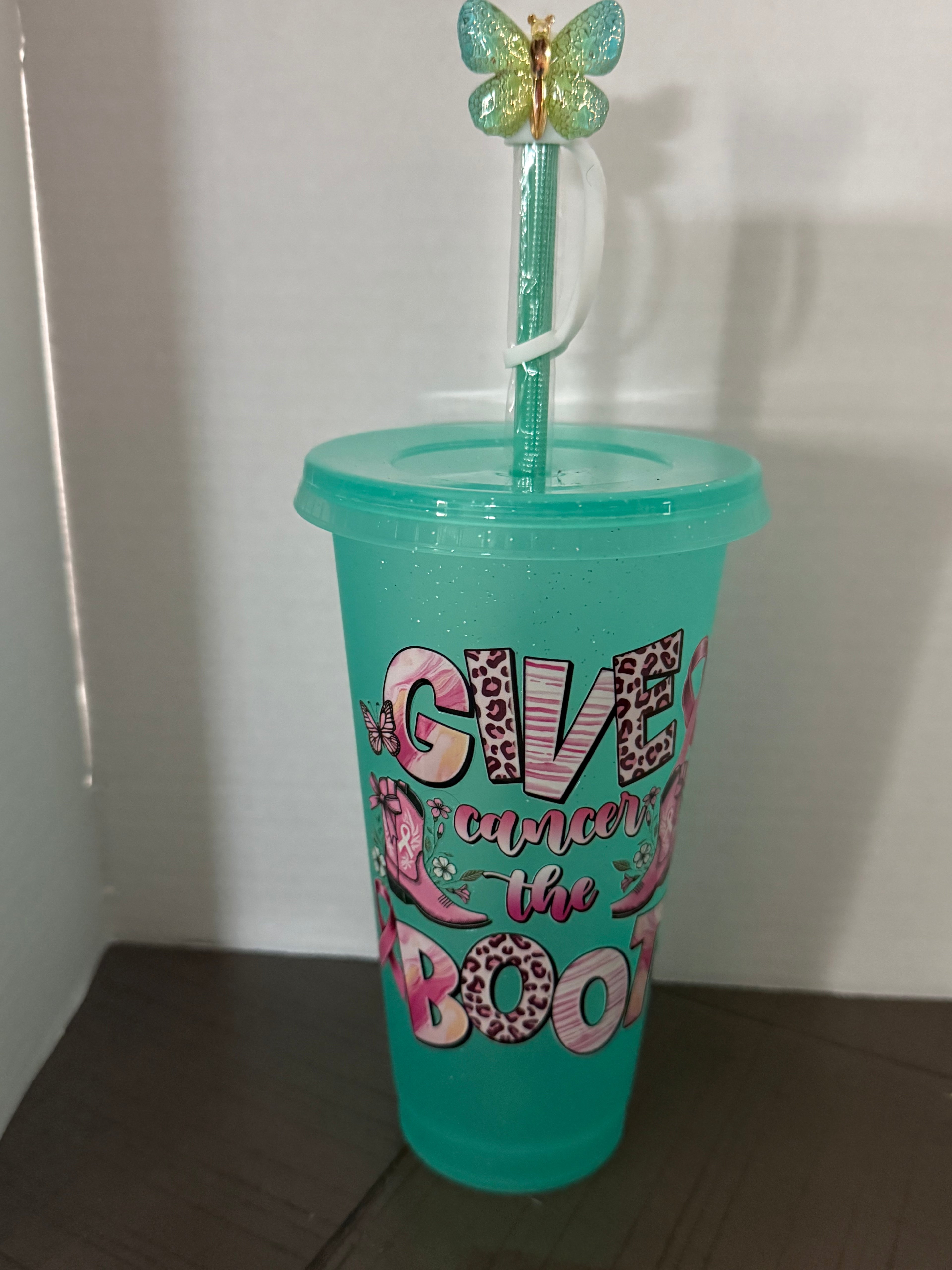 24 oz BPA plastic glitter themed cups with matching straws and straw toppers