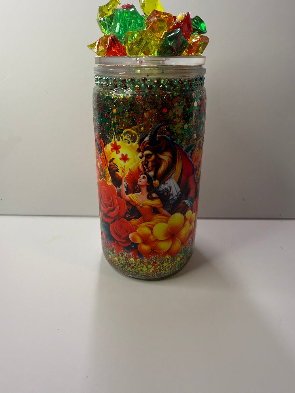 PRE-MADE BEAUTY AND THE BEAST DRY GLITTER ACRYLIC TUMBLER W/MATCHING STRAW