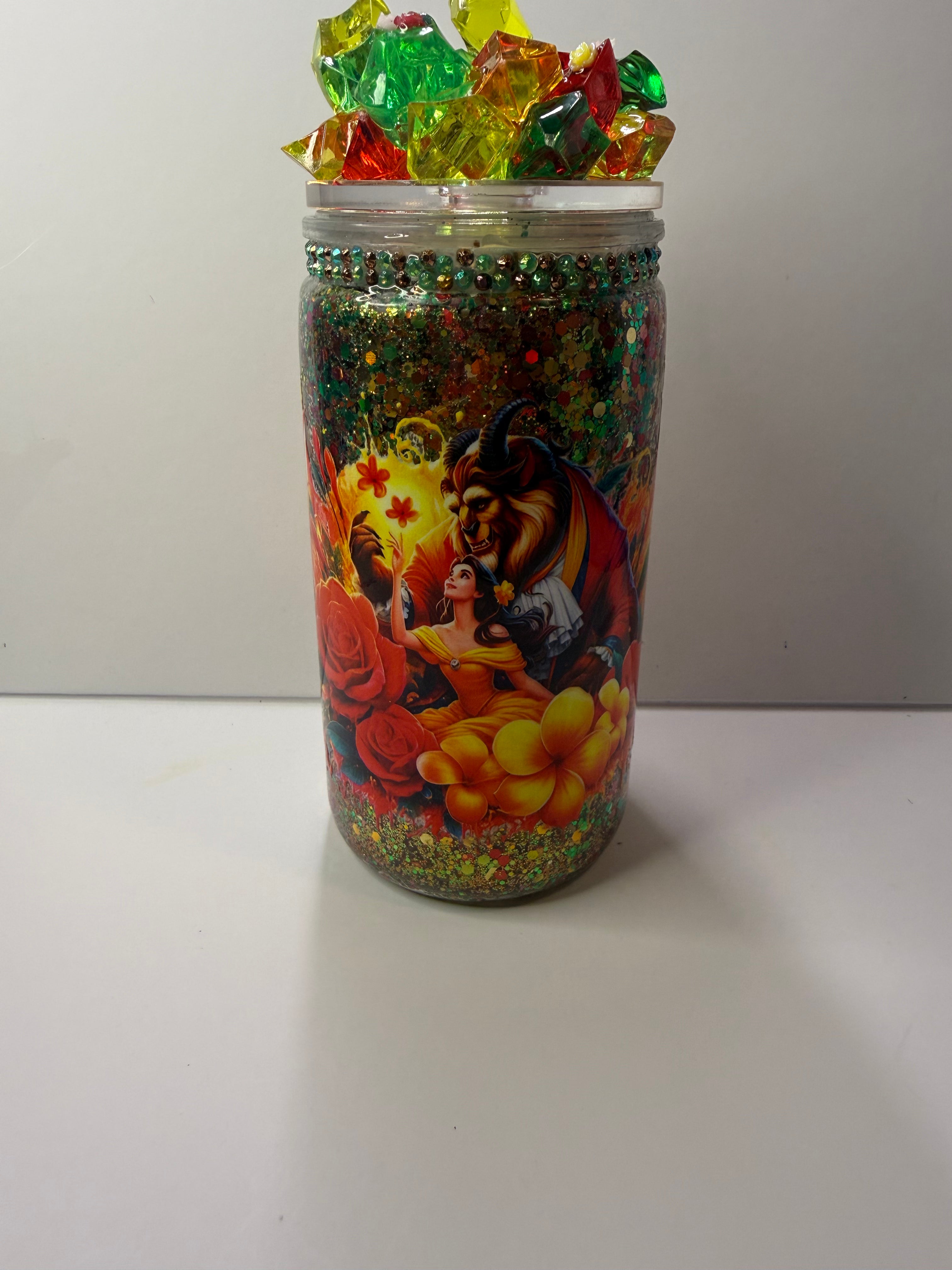 PRE-MADE BEAUTY AND THE BEAST DRY GLITTER ACRYLIC TUMBLER W/MATCHING STRAW