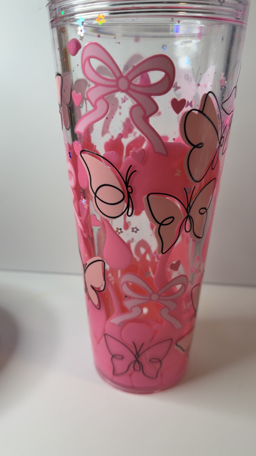 PRE-MADE 24oz Pink Lava butterfly and bows cup W/ clear straw