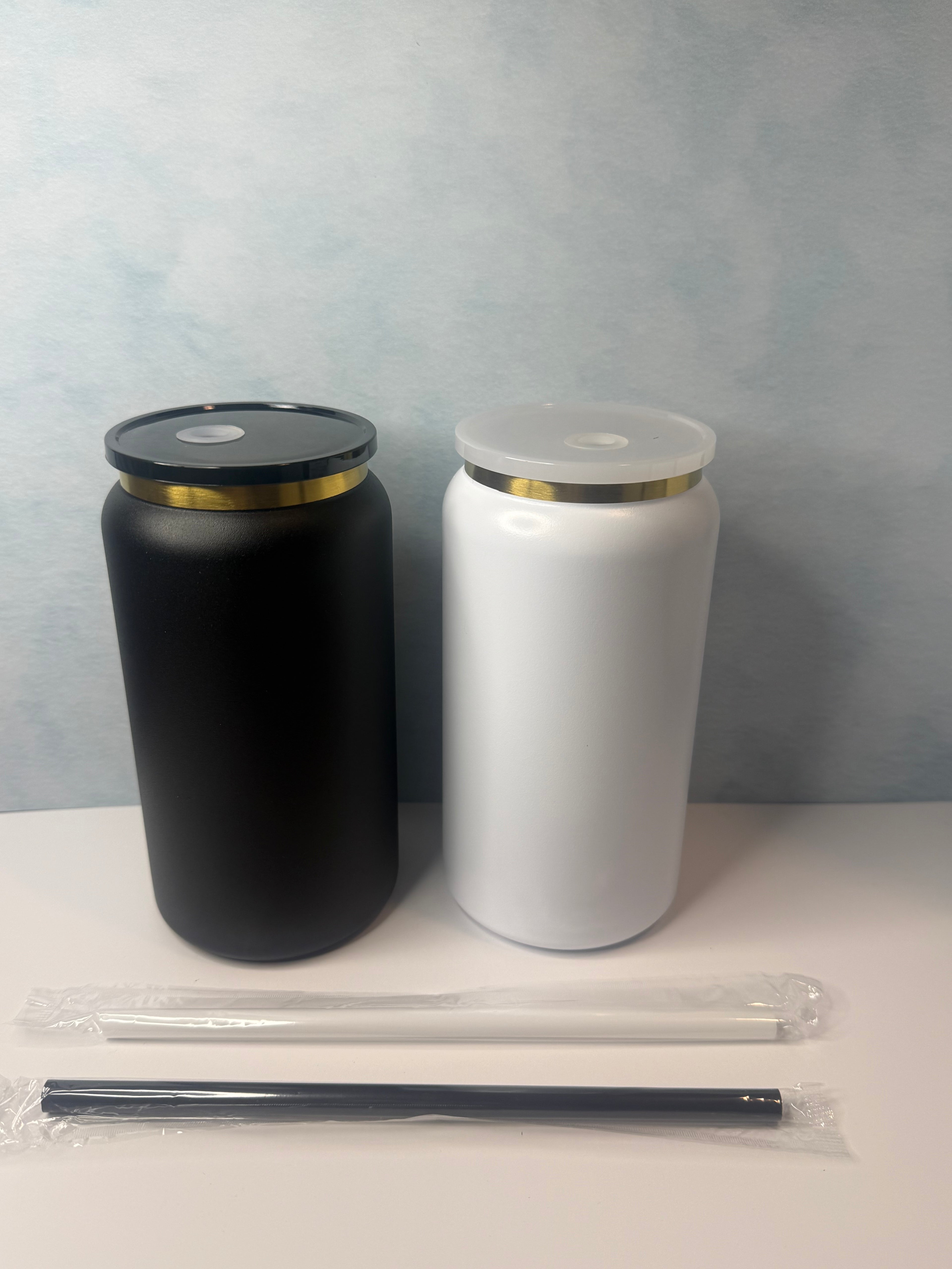 16oz Stainless Steel Cup  With Gold Rim and Matching Straw