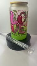 PRE-MADE GLASS LIME GREEN/ PINK LOVE LIKE JESUS CUP W/ MATCHING CLEAR STRAW