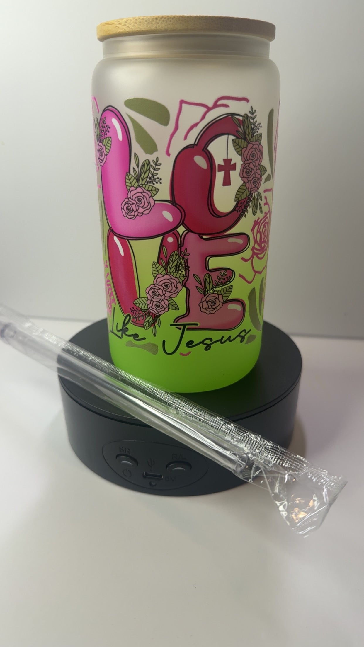 PRE-MADE GLASS LIME GREEN/ PINK LOVE LIKE JESUS CUP W/ MATCHING CLEAR STRAW