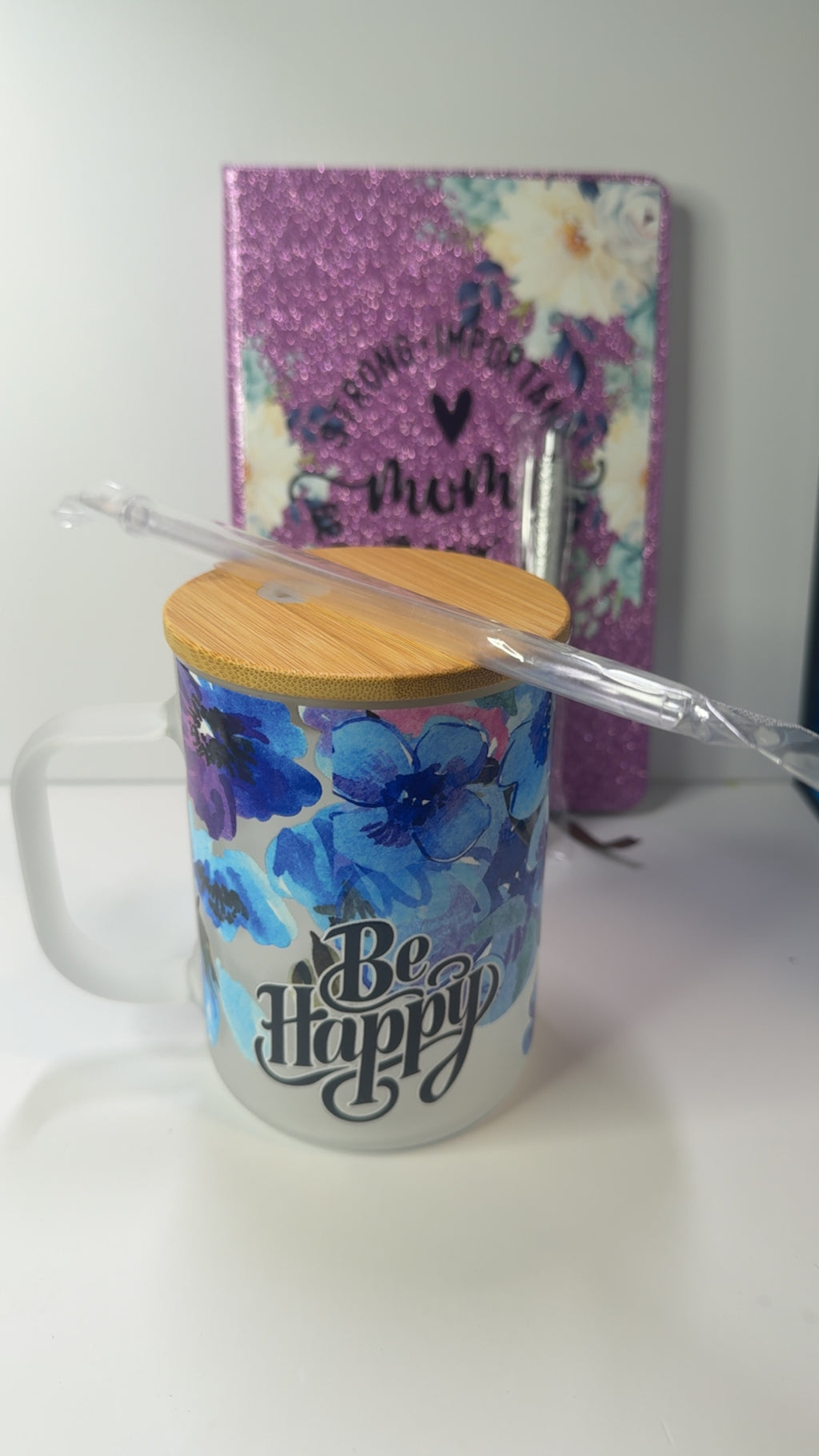 PRE-MADE BE HAPPY GLASS MUG W/ MUM GLITTER JOURNAL