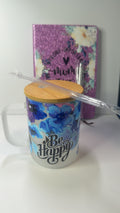 PRE-MADE BE HAPPY GLASS MUG W/ MUM GLITTER JOURNAL