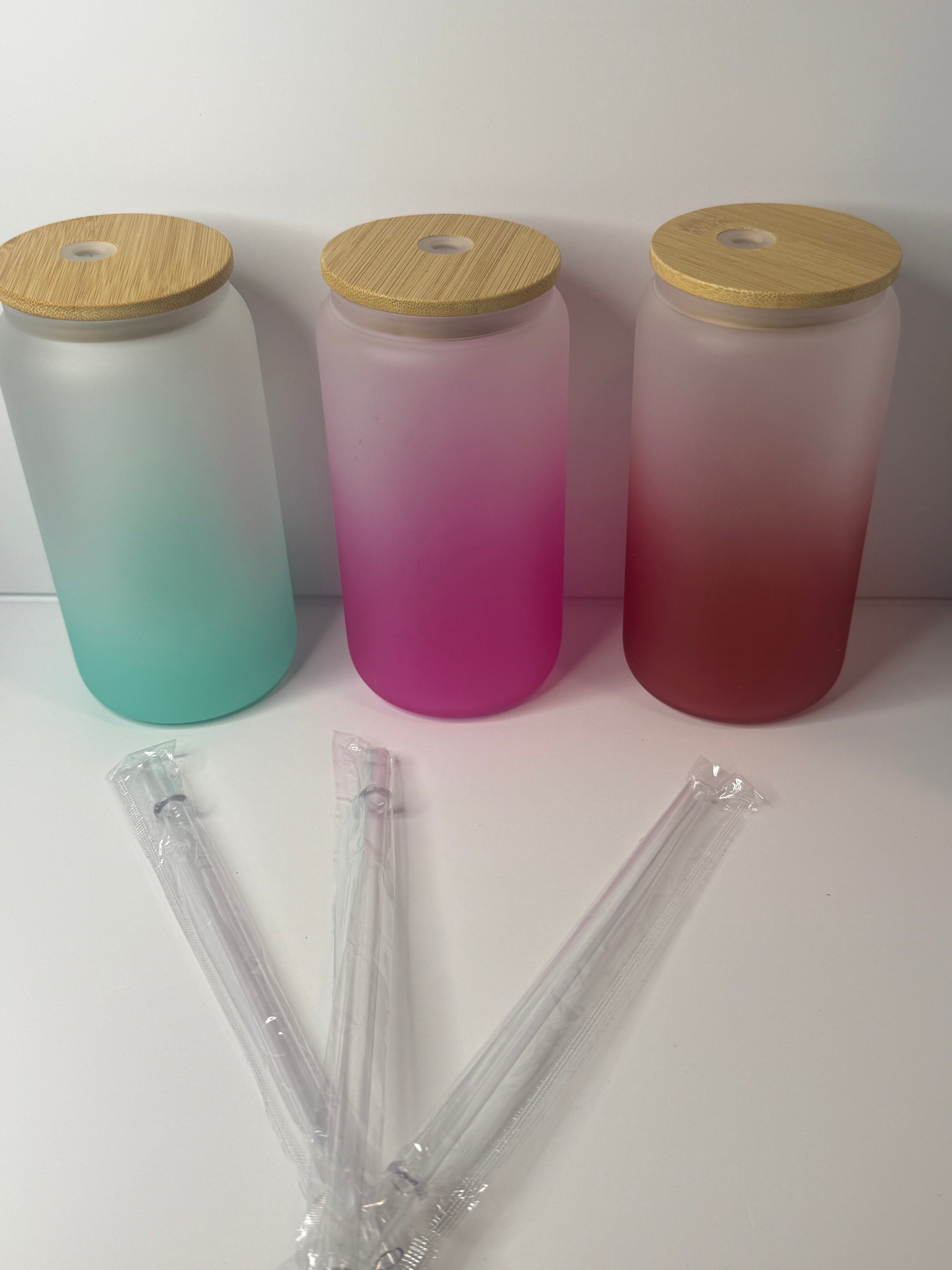 16oz Glass, two toned cups W bamboo lid and clear straw