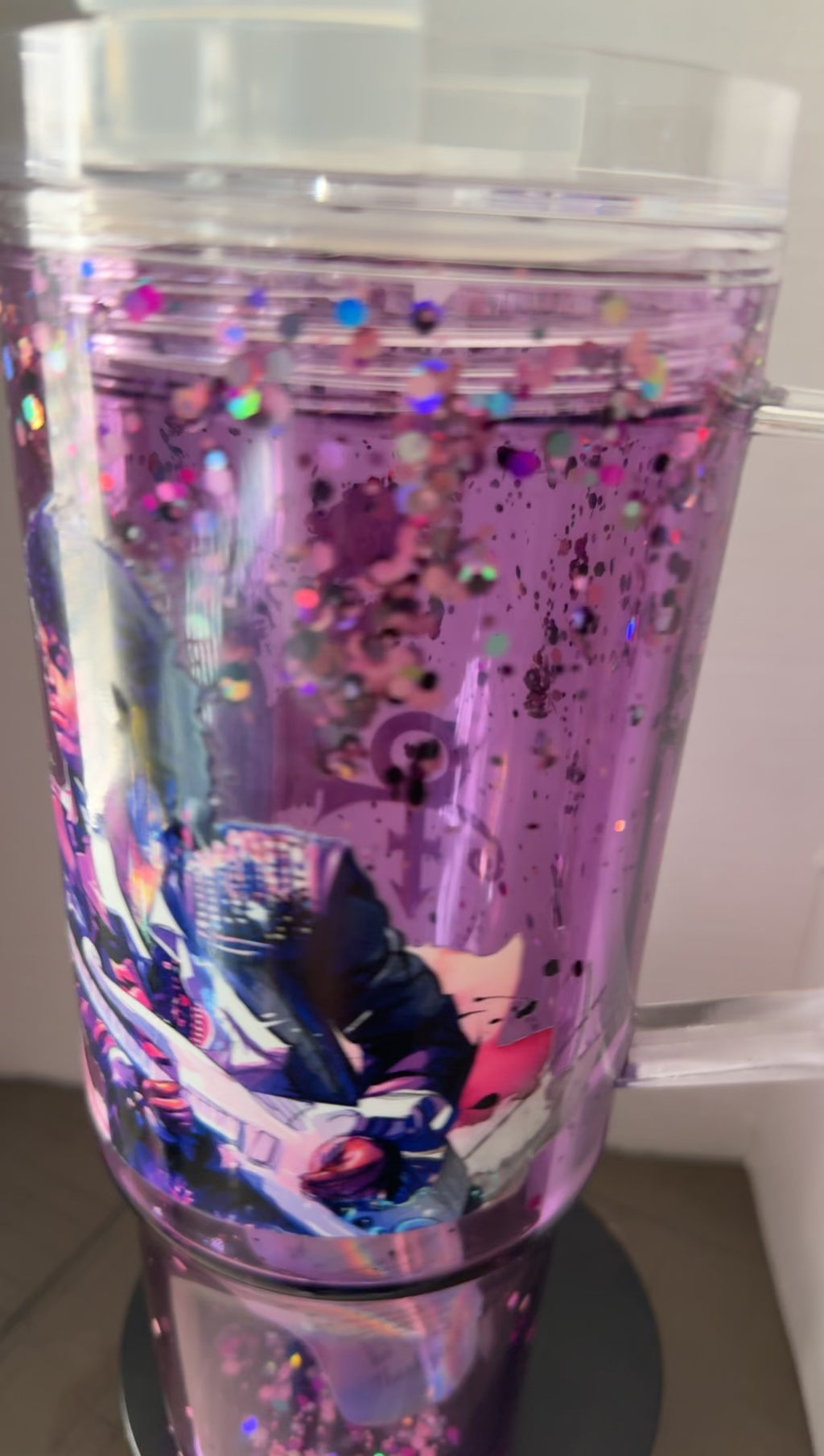 40 oz PRINCE PURPLE REIGN GLITTER DROP HANDLE CUP W/ STRAW