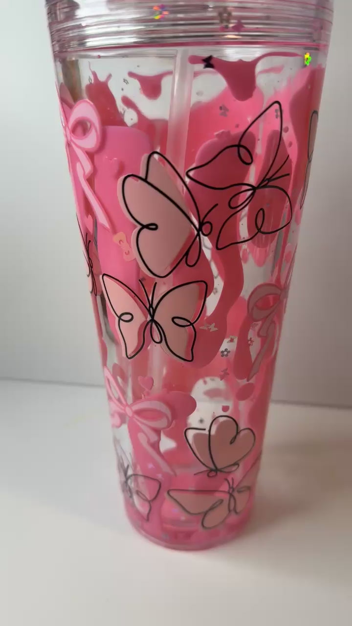 PRE-MADE 24oz Pink Lava butterfly and bows cup W/ clear straw
