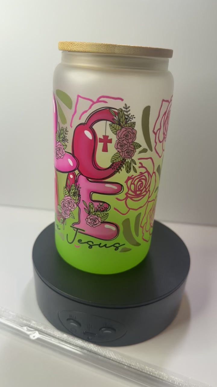 PRE-MADE GLASS LIME GREEN/ PINK LOVE LIKE JESUS CUP W/ MATCHING CLEAR STRAW
