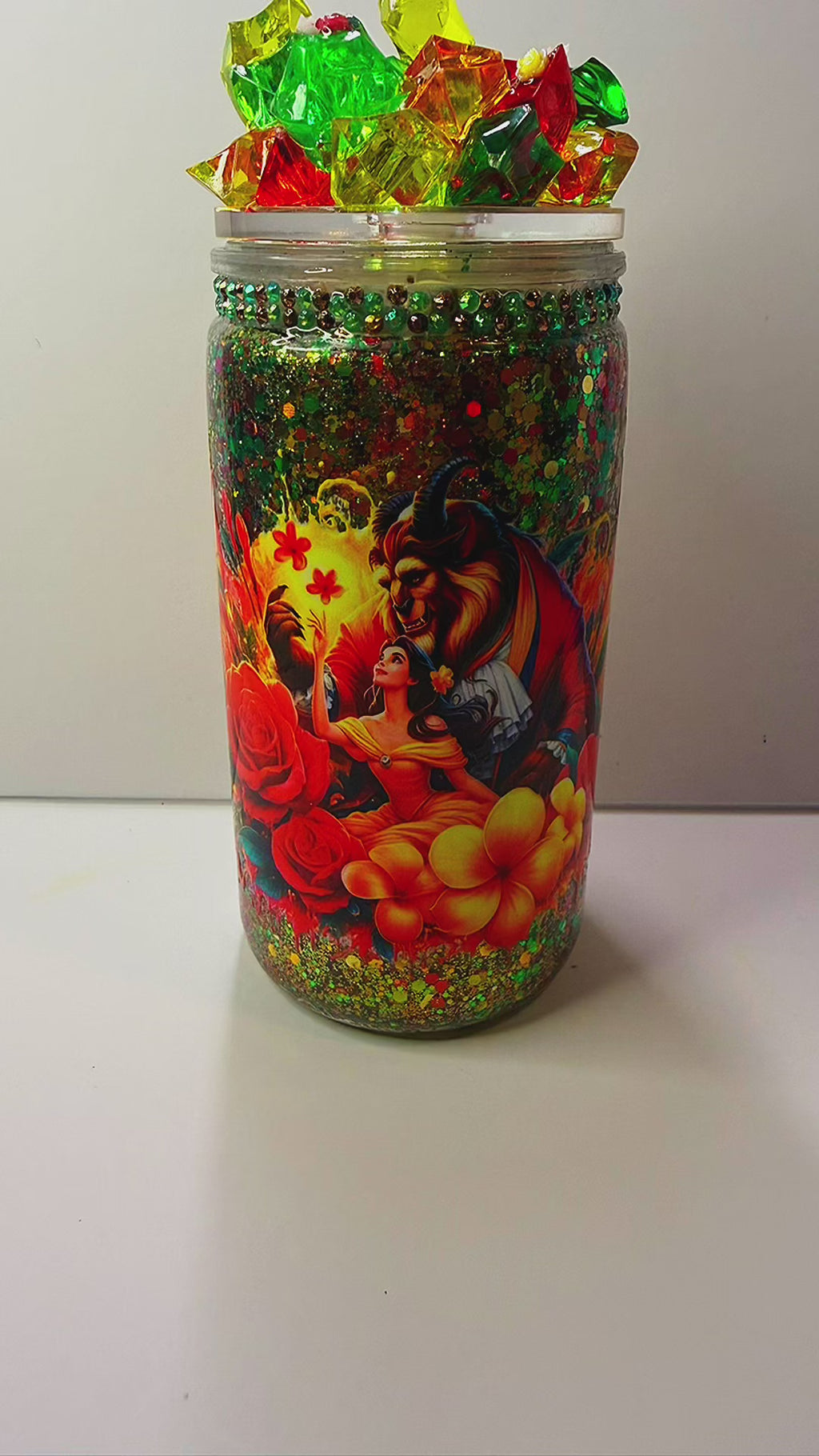 PRE-MADE BEAUTY AND THE BEAST DRY GLITTER ACRYLIC TUMBLER W/MATCHING STRAW