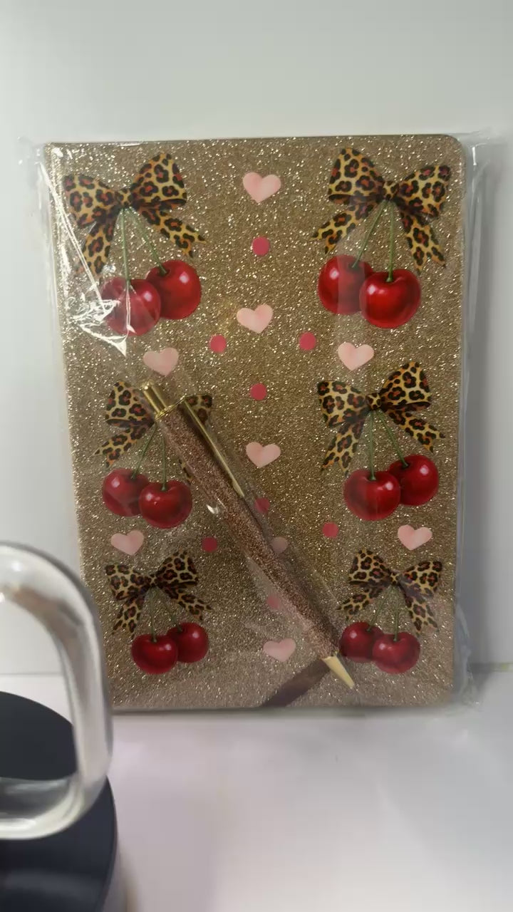 PRE- MADE CHERRY CHEETAH JOURNAL AND GLASS MUG BUNDLE