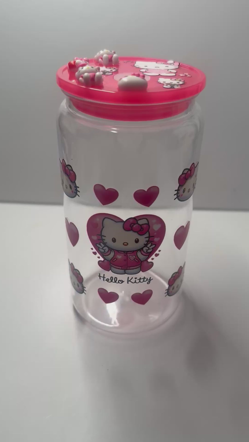 PRE- MADE ACRYLIC HELLO KITTY- NON SNOW GLOBE CUP W/ DECORATIVE LID AND PINK STRAW